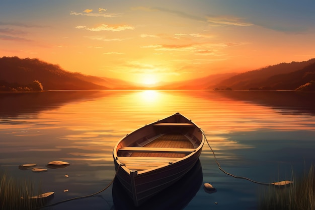 Een boot op het water bij zonsondergang