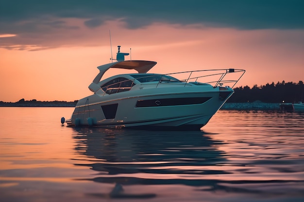 Een boot op het water met daarachter de ondergaande zon