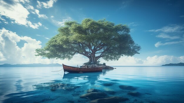 Foto een boot op het water met een boom op de bodem