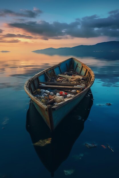 Een boot op het water met een kleurrijke lucht op de achtergrond