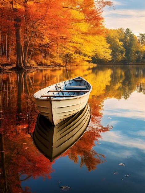 Een boot staat op het water met de weerspiegeling van de bomen in het water.