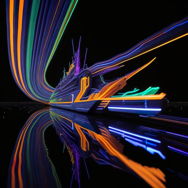 Een boot wordt verlicht met neonlichten en het woord "licht" op de bodem.