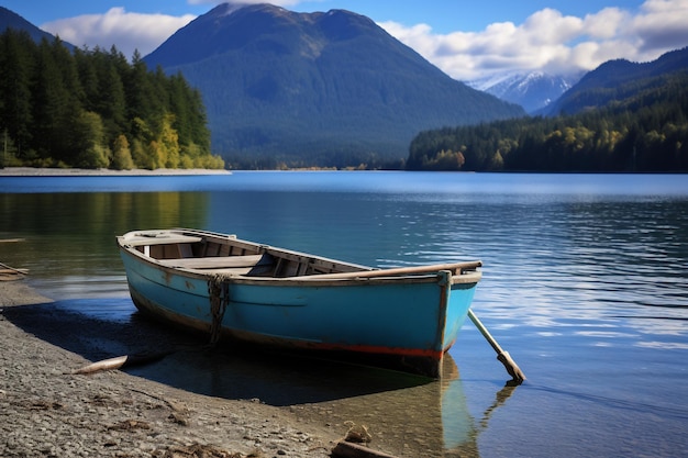 Een boot zit aan de oever van een meer met een achtergrond van een berg