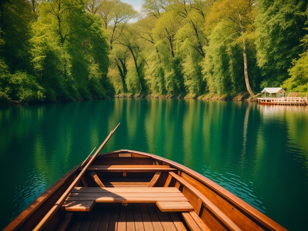 Een bootje op de rivier met op de achtergrond een groen bos