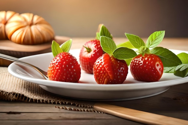 Een bord aardbeien met een lepel erop