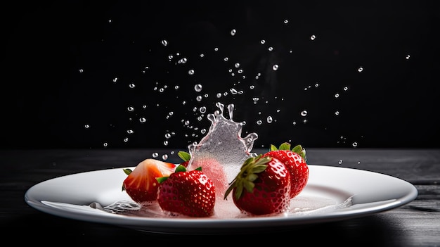 Een bord aardbeien met waterdruppels erop