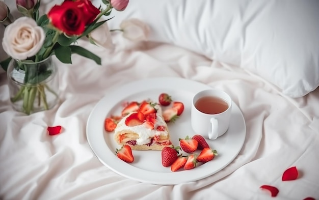 Een bord aardbeienpannenkoekjes met een kopje thee erbij.
