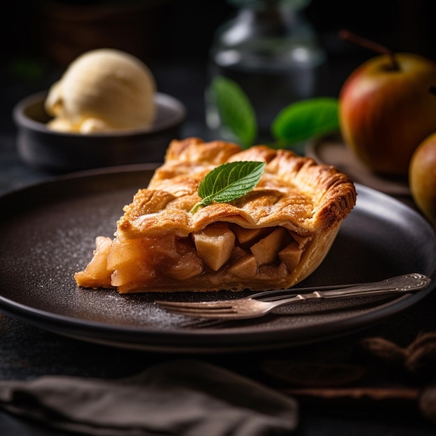 Een bord appeltaart met een groen blaadje erop