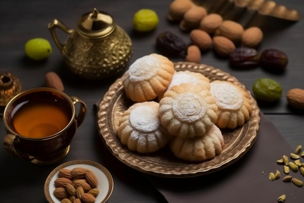 Een bord Arabische koekjes met een kopje thee en een theepot op tafel