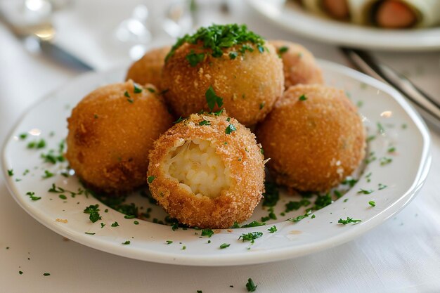 Een bord arancini een Siciliaans gerecht van gevulde rijstballen bedekt met broodkruimels en gebakken