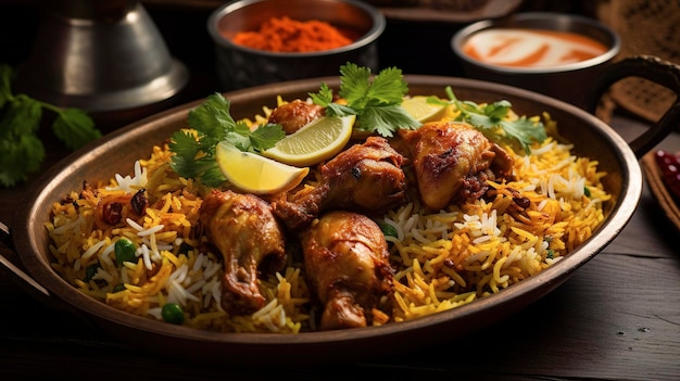 Een bord aromatische kip biryani met smaakvolle, met basmatirijst gekruide kip en garnituren