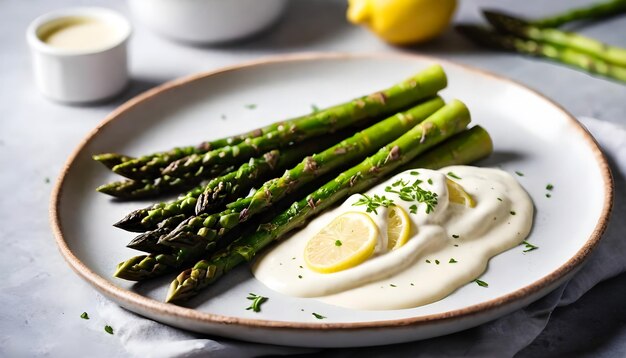 Foto een bord asparagus en room met citroensnijden asparagus dag