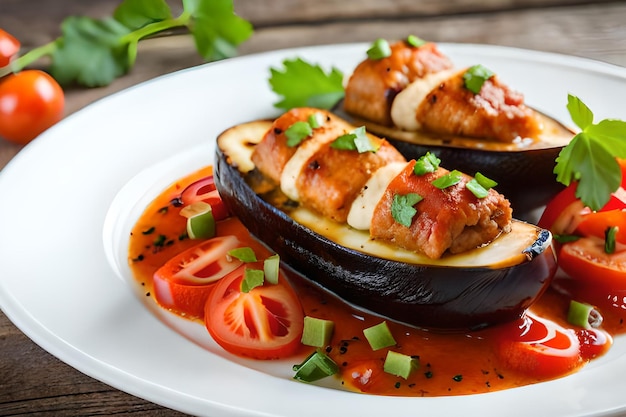 Een bord aubergine met tomaten en groene uien