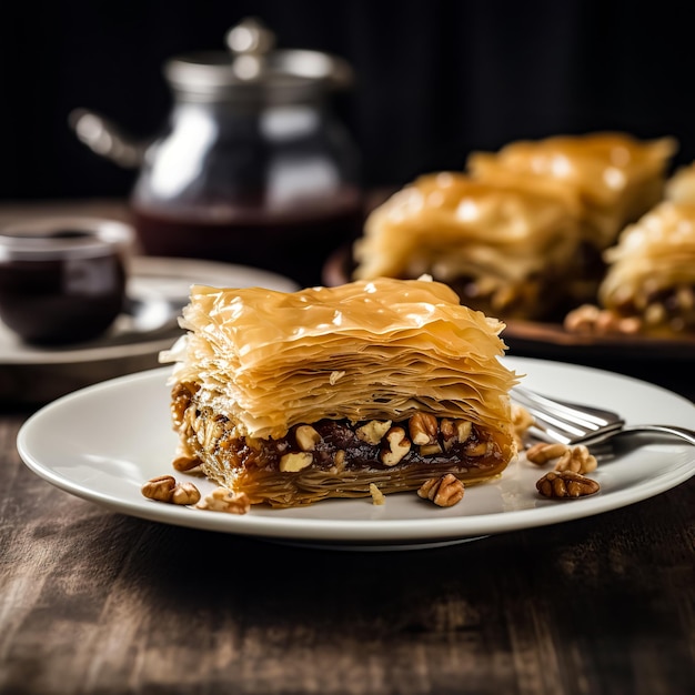 Een bord baklava met noten erop