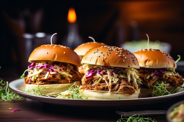 Een bord BBQ-jackfruit sliders met koolsla