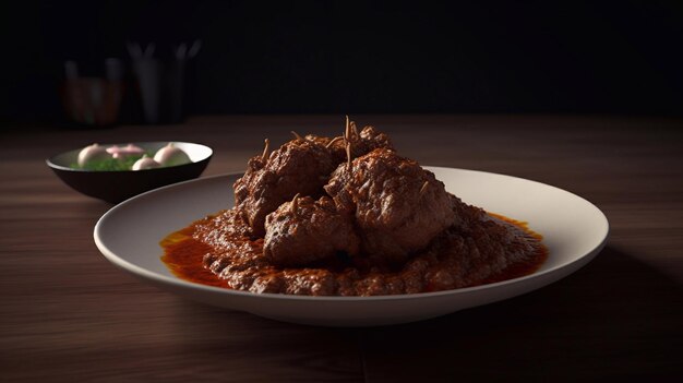 Een bord beef rendang met overvloedige saus