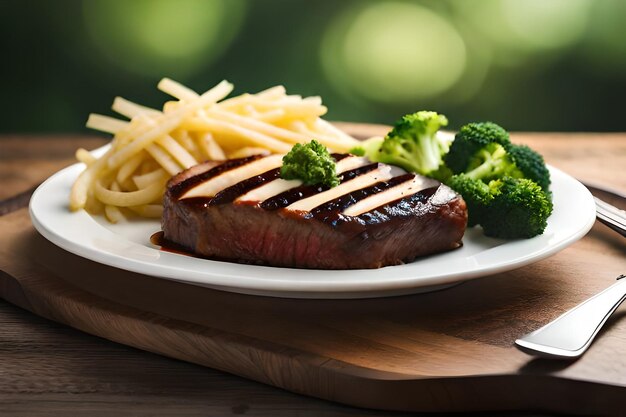 een bord biefstuk en friet met broccoli erop