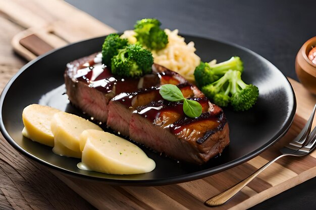 een bord biefstuk met broccoli en kaas erop