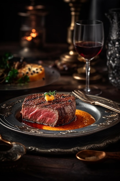 Een bord biefstuk met een glas wijn op tafel