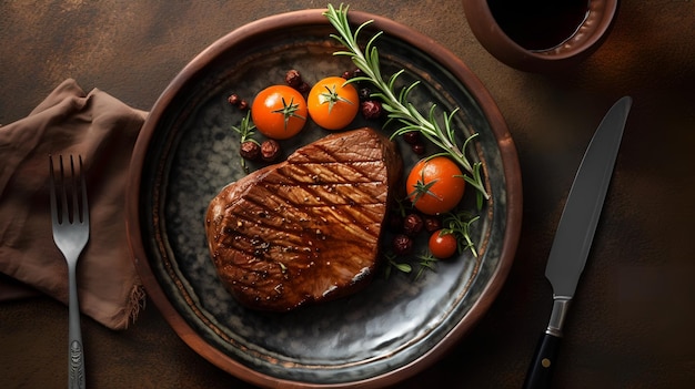 Een bord biefstuk met tomaten en kruiden erop