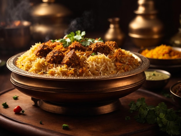 Foto een bord biryani met een kom rijst.