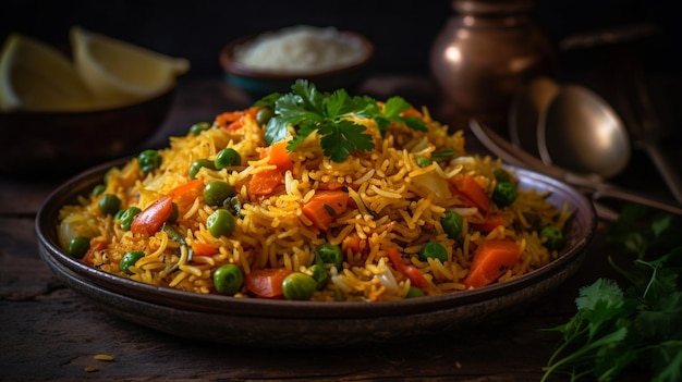 Een bord biryani met groenten en rijst