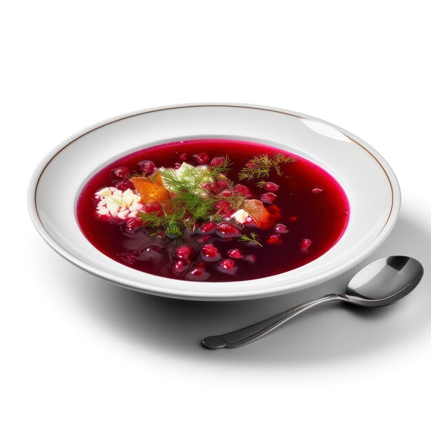 een bord borscht op witte achtergrond voor voedselfotografie