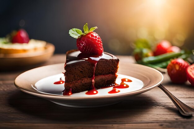 een bord cake met een aardbeien erop