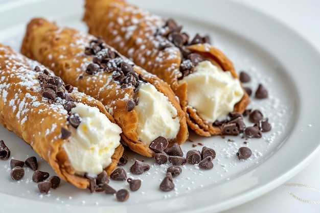 Foto een bord cannoli een siciliaans gebak gemaakt met een buisvormige schelp gevuld met gezoete ricotta kaas en chocolade chips