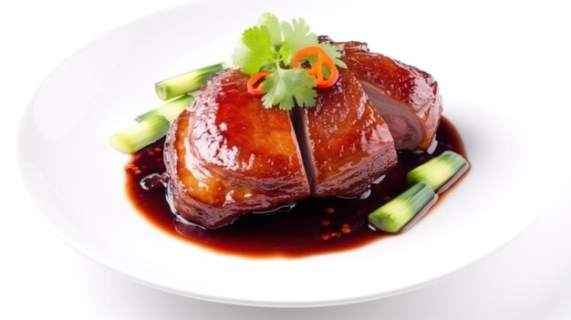Een bord Chinees eten met een rode saus en groene uien.
