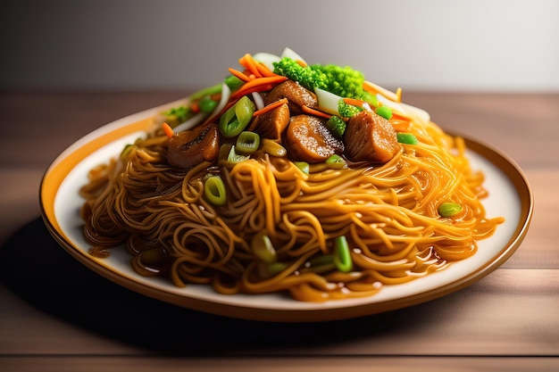 Een bord Chinese Chow Mein noedels met groenten en vlees erop