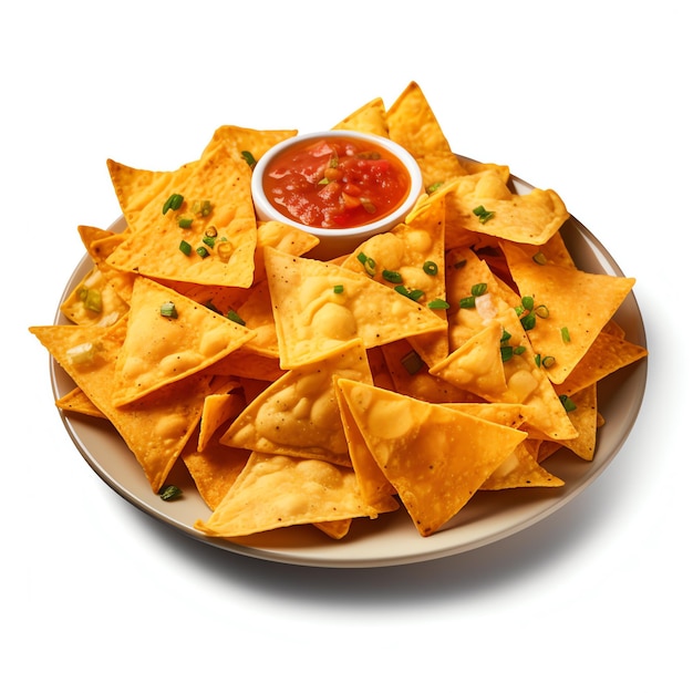 een bord chips met salsa erop