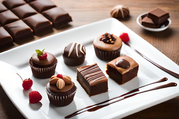 Een bord chocolaatjes en frambozen met daarop een bord chocolaatjes.