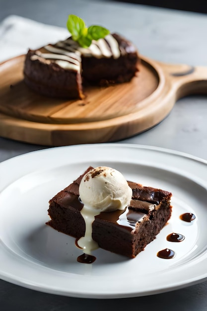 Een bord chocolade brownies met daarop een bolletje vanille-ijs.