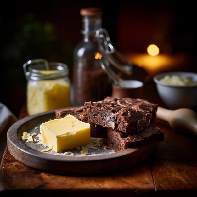 Een bord chocolade en boter staat op een tafel naast een pot boter.