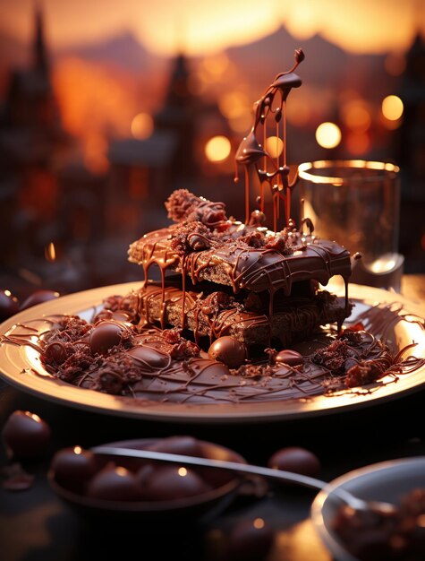 Een bord chocolade en chocolade met een schip op de achtergrond.