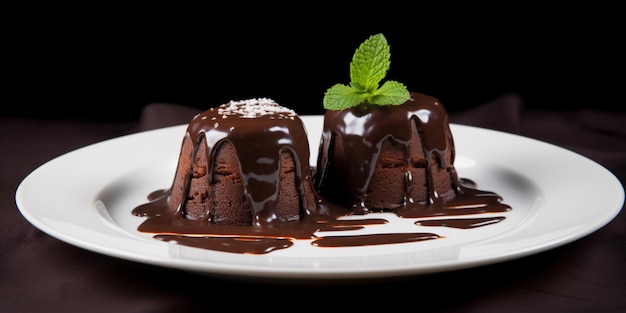 Een bord chocolade lavacakes met muntblaadjes erbij