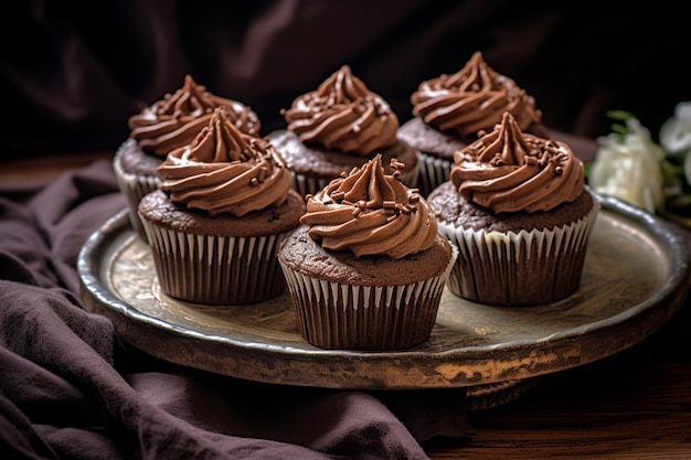 Een bord chocoladecupcakes met chocoladeglazuur en chocoladeglazuur.