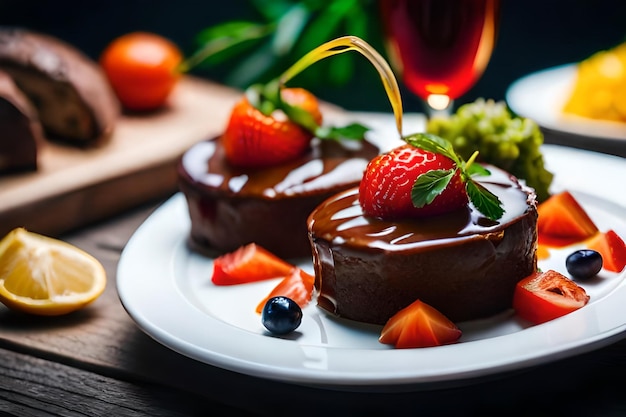 Een bord chocoladekoek met aardbeien en een glas rode wijn.