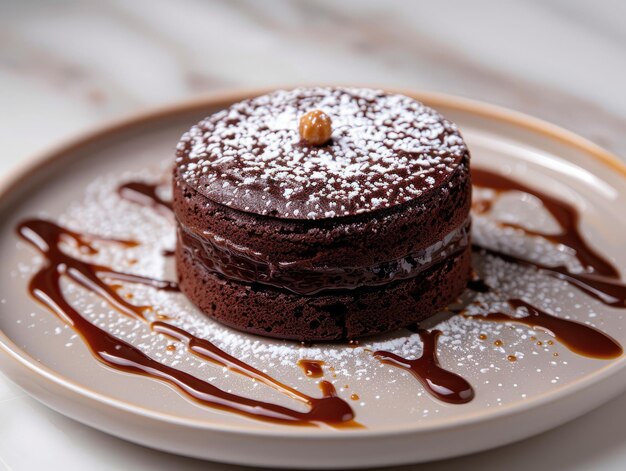 een bord chocoladekoek met suikerpoeder erop