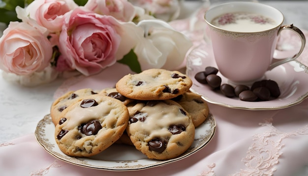 een bord chocoladekoekjes en een kop koffie