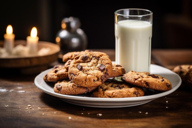 Een bord chocoladekoekjes met een glas melk en een kaars erachter.