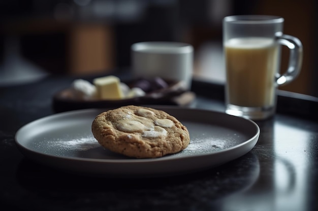 Een bord chocoladekoekjes met een glas melk ernaast.