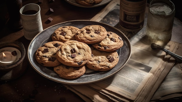 Een bord chocoladekoekjes op een tafel met een fles chocoladeschilfers.