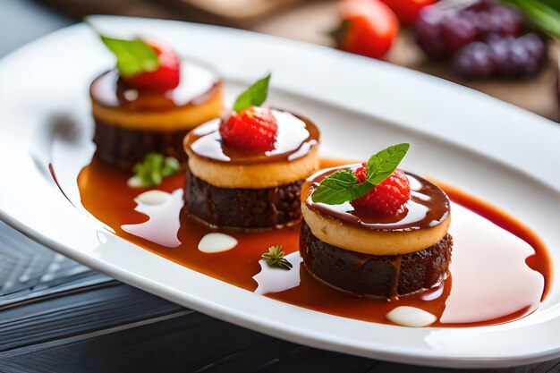 een bord chocoladetaart met aardbeien en een aardbei erop.