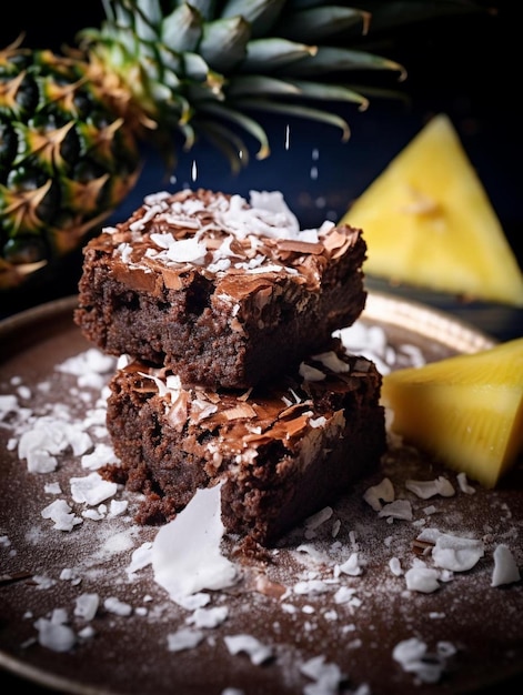 een bord chocoladetaart met ananas en ananas.