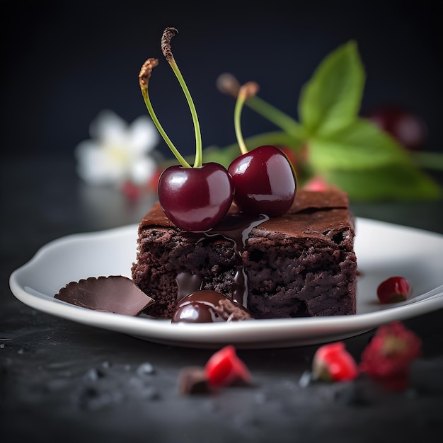 Een bord chocoladetaart met daarop kersen.