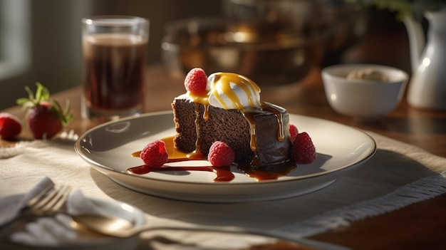 Een bord chocoladetaart met een bolletje ijs en een glaasje koffie op tafel.