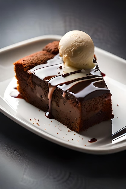 Een bord chocoladetaart met een bolletje ijs erop.