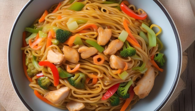 Een bord chow mein met kip en groenten gezien van boven